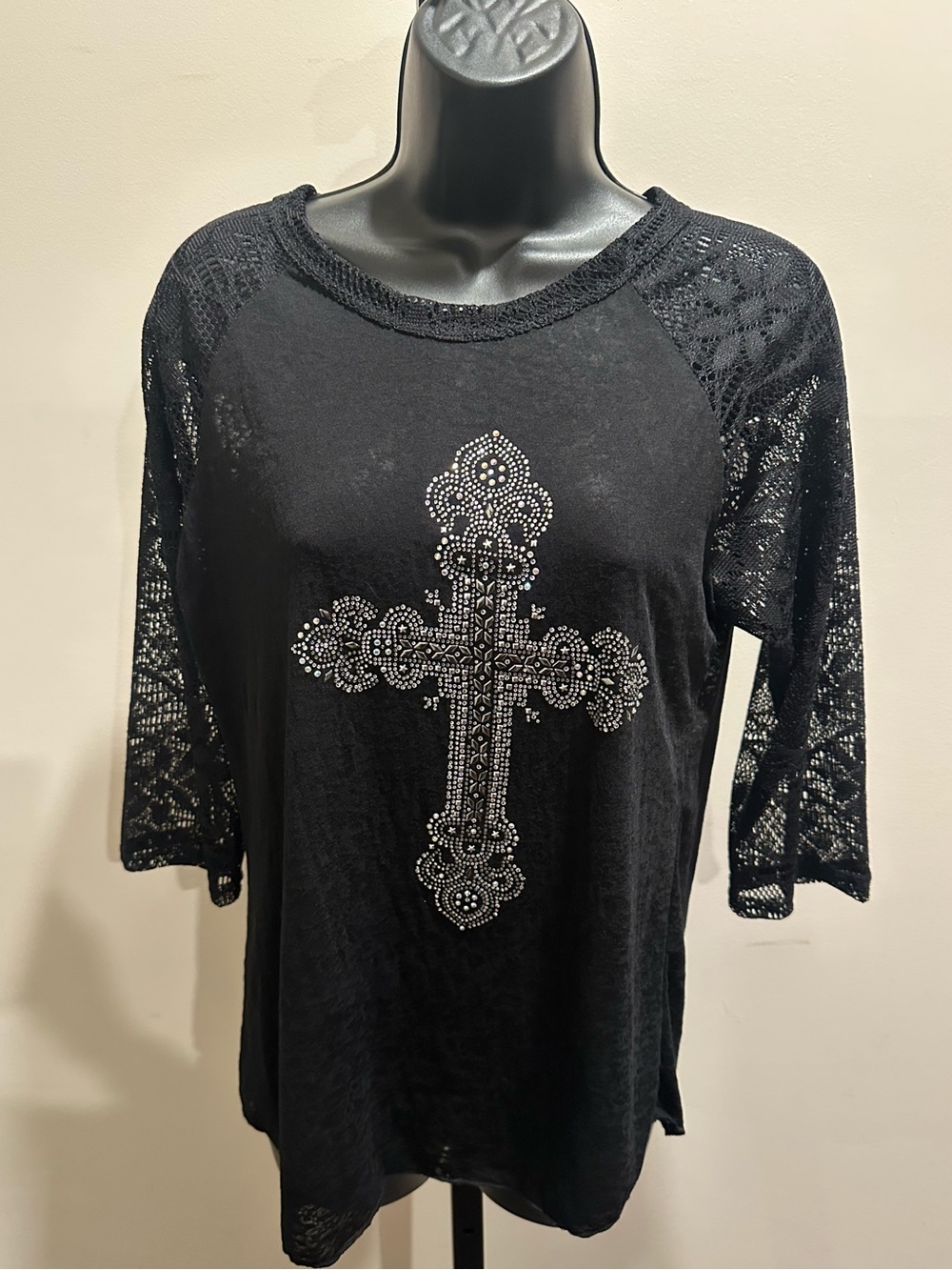 L&B Black Long-Sleeve Lace Raglan Top with Rhinestone Cross
